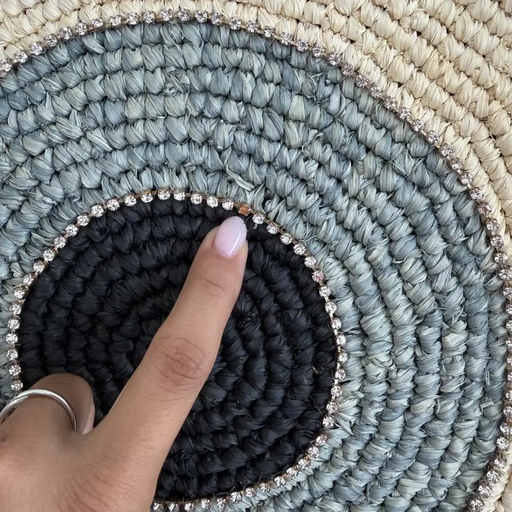 Skemo Round Straw Shoulder Bag Large Beige Evil Eye Rhinestone Boho Beach